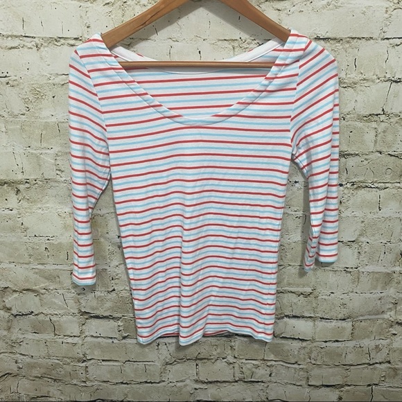 Gap Red Blue Striped Ballet Scoop Back 3/4 Sleeve Top - Picture 3 of 5